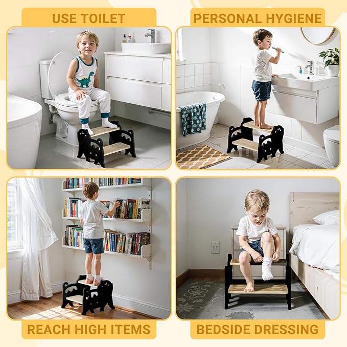 COSYLAND Kids Step Stool for Bathroom - Lovely Cat Potty Training Stool Toddler Step Stool for Toilet - Adjustable Height Kids Stepping Stool with Handle (Natural & Black)