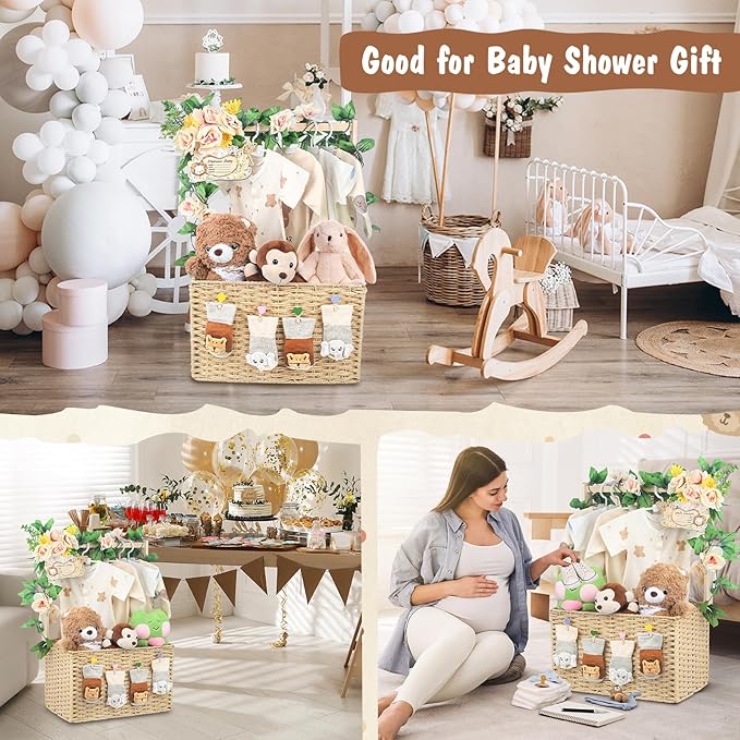 Wooden Baby Shower Crate Closet, Foldable Handwoven Storage Basket for Baby Shower Gifts, Welcome Gift Basket for Newborn Boys Girls, Pregnancy Gifts for New Parents