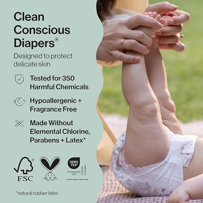 The Honest Company Clean Conscious Diapers for Delicate Skin | Up to 100% Leakproof | Hypoallergenic, Fragrance Free | Fall '25 Limited Edition Prints | Club Box, Size 5 (27+ lbs), 44 Count