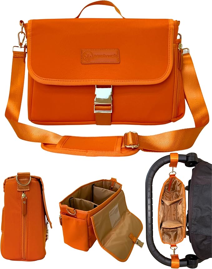 Sarah Wells Stroller Caddy & Pump Bag – Insulated Neoprene Diaper Organizer with Crossbody Strap, Machine Washable, Luggage Sleeve – Fits Single & Double Strollers (Orange)