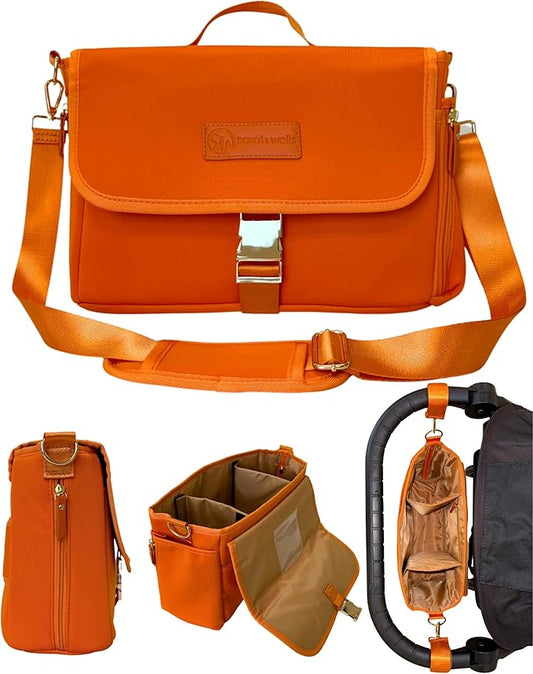 Sarah Wells Stroller Caddy & Pump Bag – Insulated Neoprene Diaper Organizer with Crossbody Strap, Machine Washable, Luggage Sleeve – Fits Single & Double Strollers (Orange)