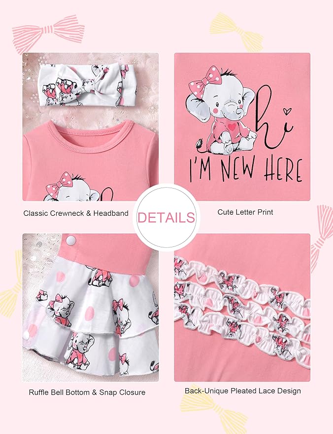 AGAPENG Newborn Girl Clothes Ruffle Letter Print Romper Infant Bell Bottom Jumpsuit Boho Baby Girl Clothes with Headband Hat