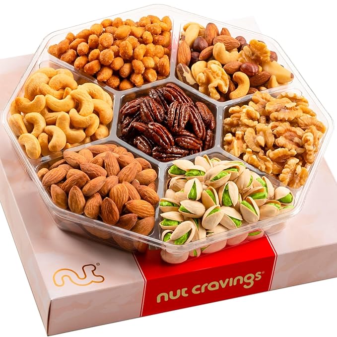 NUT CRAVINGS - Mixed Nuts Gift Basket in Red Gold Box (7 Assortments, 1 LB) Food Arrangement, Healthy Snack Care Package, Food Assortments