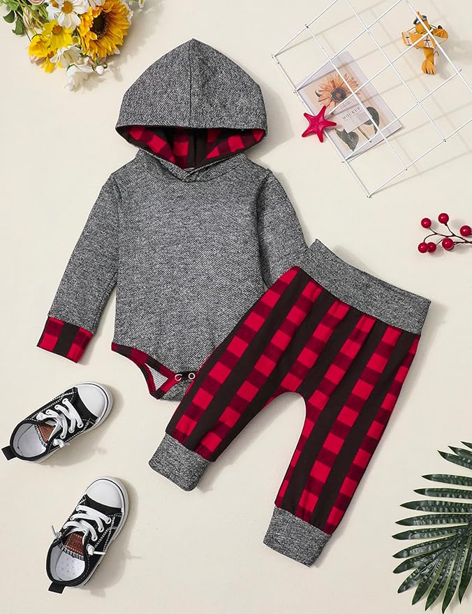 Fommy Newborn Baby Boy Clothes Plaid Letter Print Long Sleeve Hoodies + Long Pants 2PCS Fall Winter Outfits Set