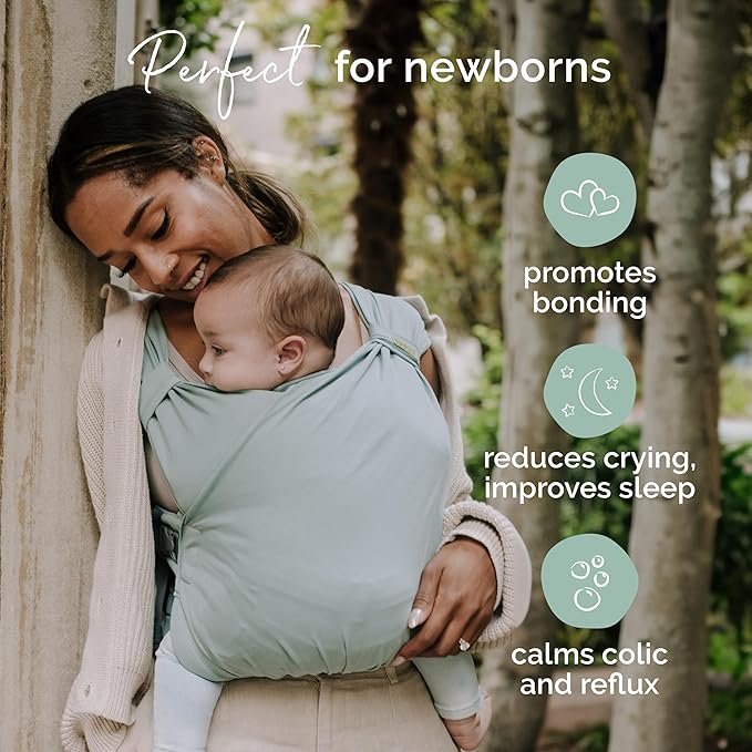 Boba Bliss Pre-Wrapped Baby Carrier with Buckle - Newborn to 7-35 lbs Light, Breathable & Easy to Adjust Hybrid Infant Sling & Toddler Carrier - Certified Hip-Healthy for 0-18 Months - Sea Mist