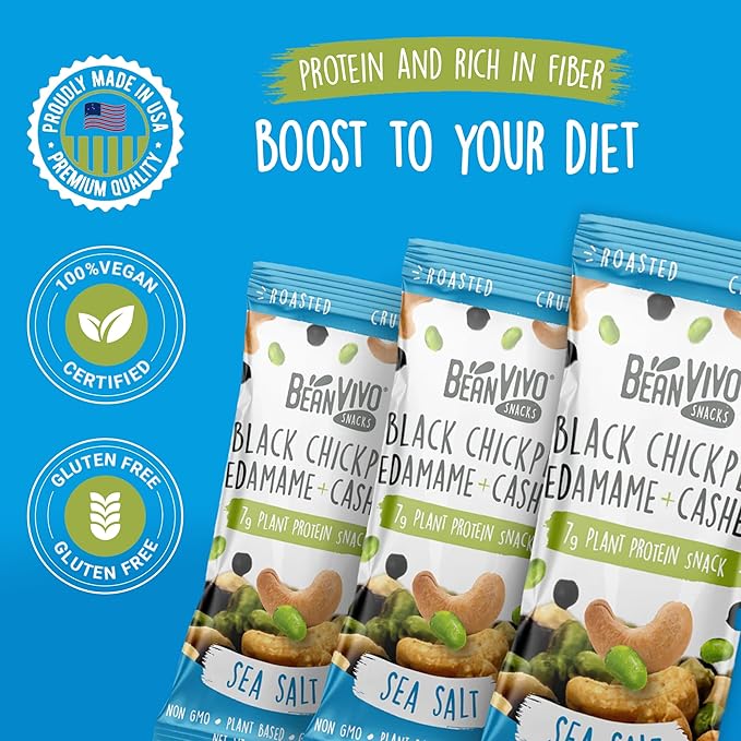 BeanVIVO Healthy Snacks for Adults & Kids with 7g Protein & 5g Fiber per Serving with Dried Edamame, Roasted Cashew and Black Chickpeas - Vegan & Gluten Free - Keto Friendly & Non-GMO - 8Pack (1.05 oz Each Pouch)