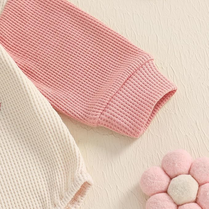 SAYOO Aunties Bestie Baby Girl Clothes Letter Embroidery Waffle Color Block Sweatshirt Bodysuit Fall Bubble Romper Pullover