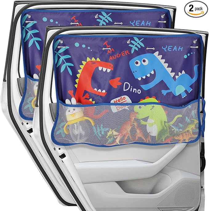 Car Window Shade for Baby, 2 Pack Car Sun Shades with Storage Net Pocket Auto Window Curtain 7 Suction Cups Blue Dinosaurs for Sun/Heat/UV Rays Protection Kids