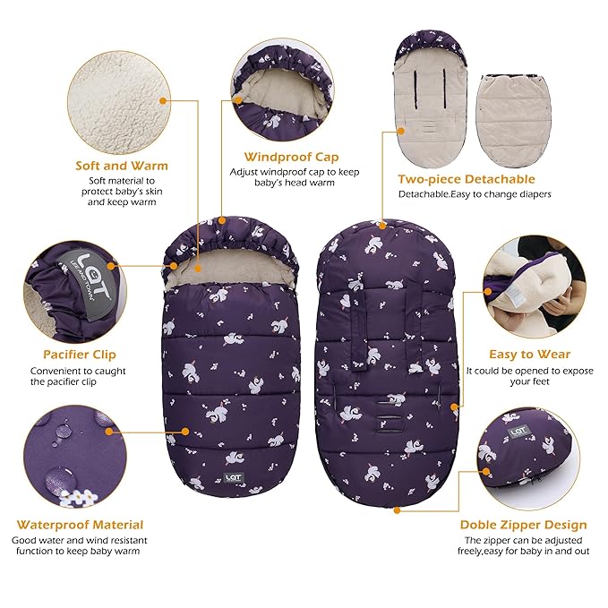 LAT Baby Warm Bunting Bag Universal,Stroller Sleeping Bag Cold Weather,Waterproof Toddler Footmuff(Detachable,Purple Swan)