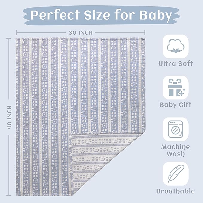 NTBAY 3 Layer Muslin Cotton Toddler Blanket, Jacquard Reversible Nursery Bed Blanket, Super Soft and Thermal for All Seasons, Decoration Gift, 30"x40", Blue Bear