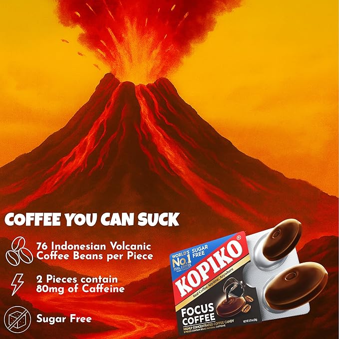 Kopiko Focus Coffee Candy – Have 80mg Caffeine per 2 Pieces for Energy & Mental Focus – Sugar-Free Hard Candy with Real Indonesian Coffee Extract (12 Pack w/4 Candies Each)