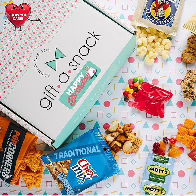 Gift A Snack - Happy Birthday Snack Box Variety Pack Care Package + Greeting Card (60 Count) Bday Sweet Treats Gift Basket, Candies Chips Crackers Bars - Cravy Food Assortments & Variety Gifts