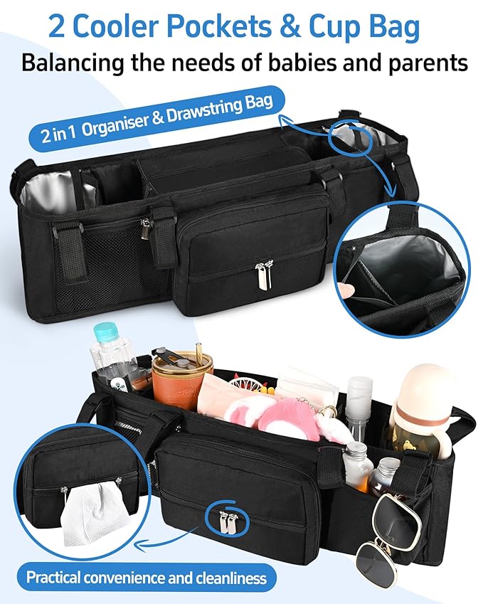 Double Stroller Organizer Compabitle for BOB Duallie and Baby Jogger City Mini GT2 with Cooler Bags, Compabitle for Baby Jogger Parent Console Double Stroller Organizer