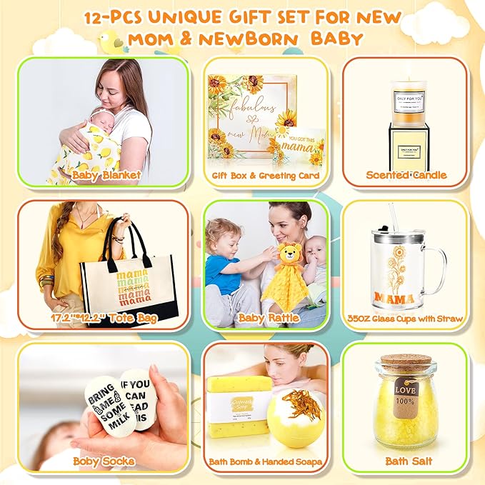 New Mom Gifts & Baby Boy Gift Set for Newborn,12PCS Baby Shower Gifts for Mom to Be,Newborn Baby Gifts,Pregnancy Gifts For Expecting Mom,New Mom Care Package After Baby,Gifts for Women and Baby Boy