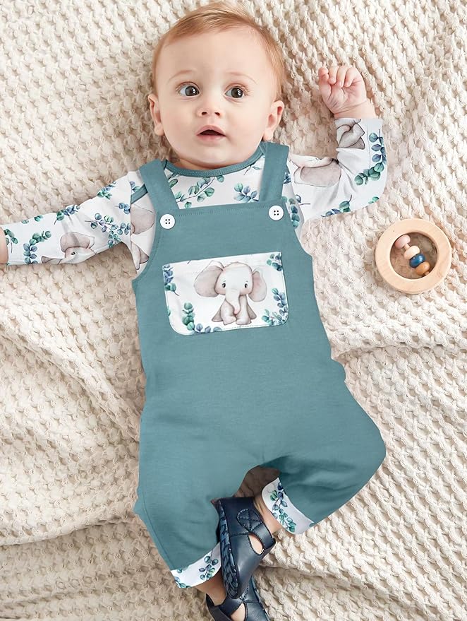 Baby Boy Clothes Long Sleeve Animal Plaid Romper + Overalls Infant Boy Clothes 2PCS Fall Winter Outfits