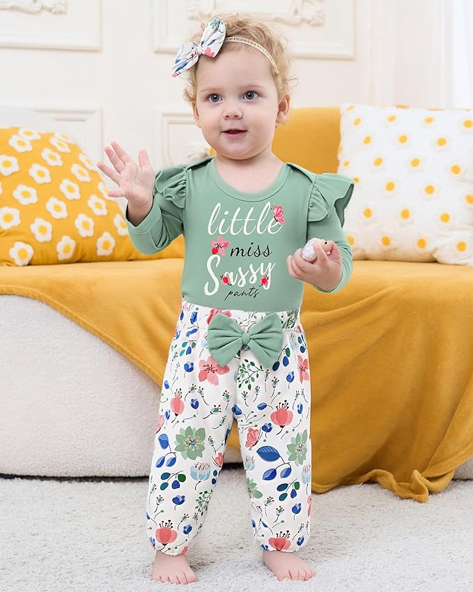 Baby Girl Clothes Newborn Infant Cotton Ruffle Romper+ Floral Pants + Headband Sets Fall Winter Outfits