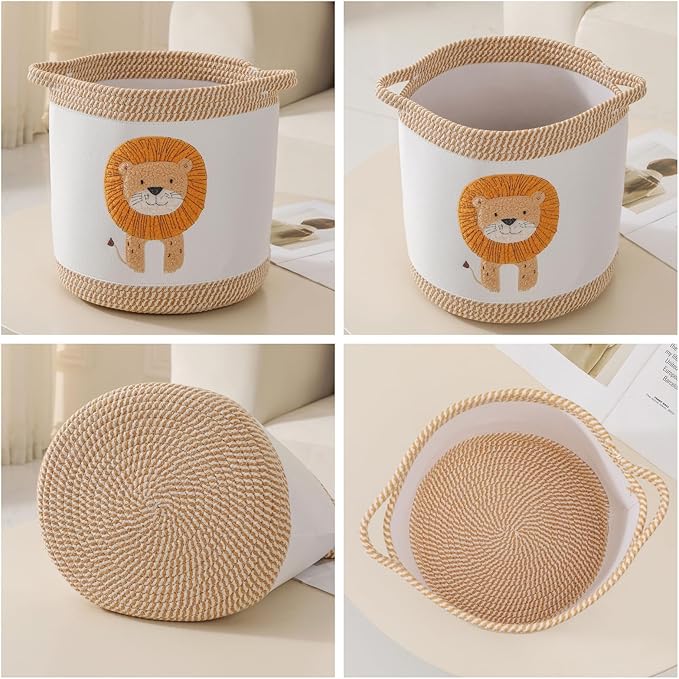 Baby Blanket Baskets Laundry Hamper Cute Lion Nursery Toy Storage Basket, Woven Cotton Rope Nursery Organization Bins For Girls Boys Kids Baby Shower Gifts Baskets