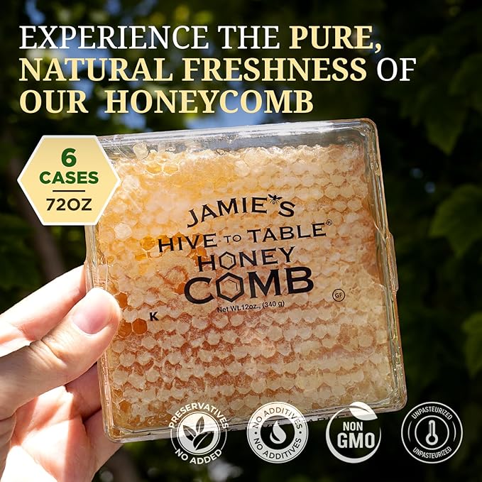 Jamie's Hive To Table 100% Raw Honeycomb, 72 Oz (Pack of 6) – All-Natural Pure Georgia Honeycomb – Fresh Georgia Honeycomb with Bee Pollen and Propolis, No Additives or Preservatives, Non-GMO