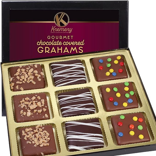 KREMERY Creamy Chocolate Cravings - Chocolate Covered Graham Crackers Cookies Gift Basket, in Sectional Gift Box (9 Grahams, Assorted Sweet Toppings) Food Assortments USA Made