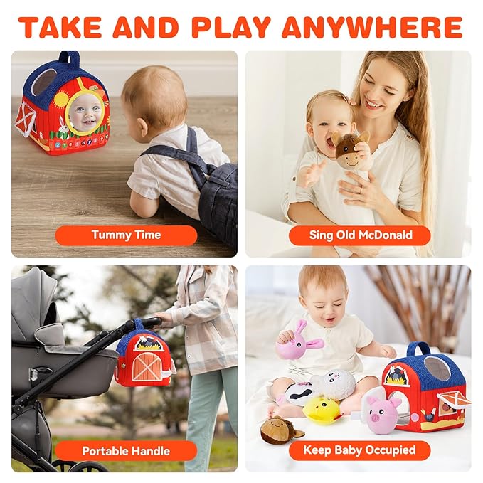 Soft Barn Baby Toys 6-12 Months with Stuffed Farm Animals, Rattle Squeaky Crinkle Sound & Mirror, Montessori Sensory Plush Infant Toy for 6 7 8 9 10 11 Month, 1 Year Old Baby Boy Girl Birthday Gifts