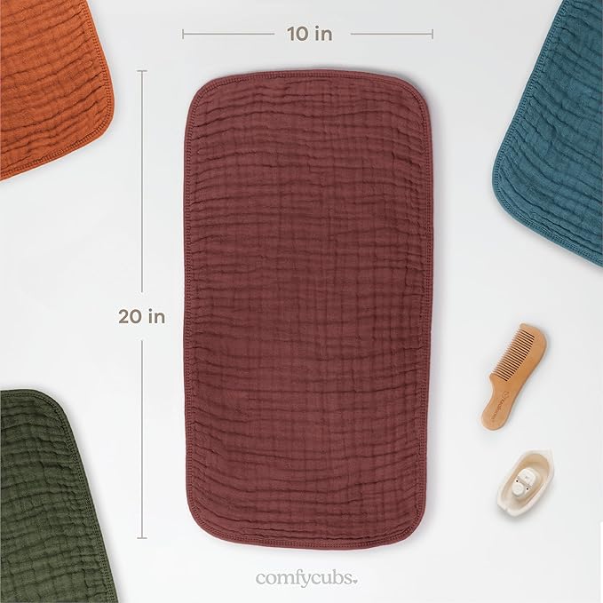 Comfy Cubs Muslin Burp Cloths 20" x 10", Pack of 6 - Large, 6-Layer, Ultra Absorbent 100% Cotton for Baby Drool and Messes - Soft, Safe & Gentle Baby Burp Cloths Set for Boys & Girls - Wine