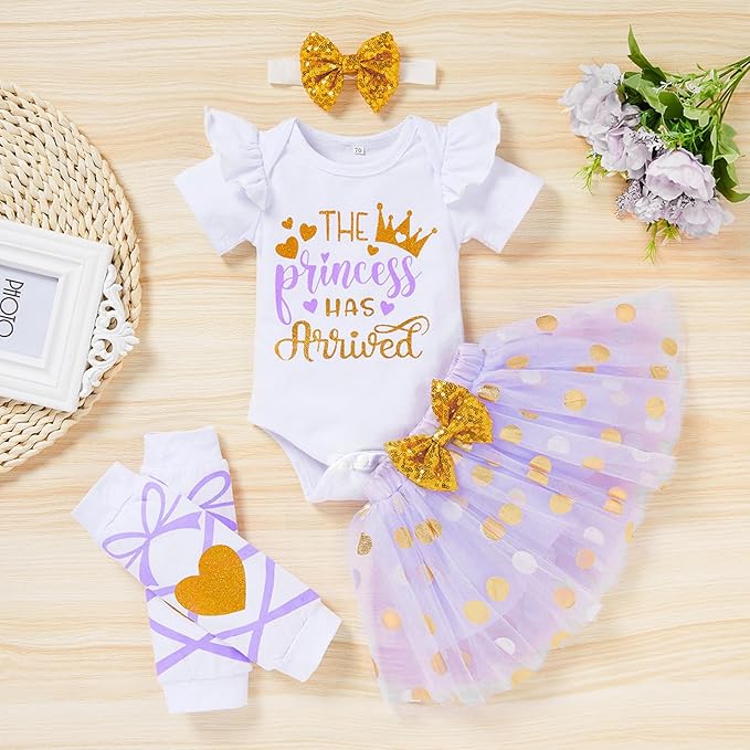 Newborn Baby Girl Outfits Infant Letter Print Romper+Tutu Skirt+Headband+Legging Warmer Coming Home Clothes Set