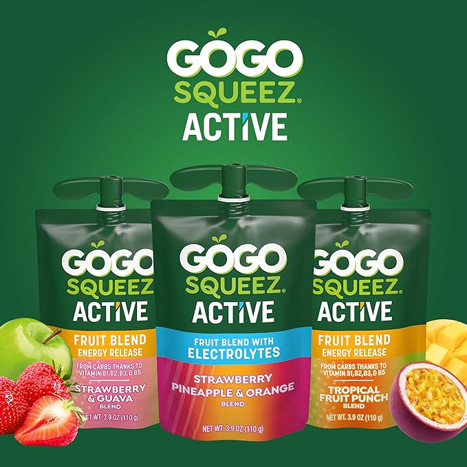 GoGo squeeZ Active Fruit Blend Energy Release | 18-Count Variety Pack | Tropical Fruit Punch and Blueberry & Pomegranate | Made with Real Fruit and B Vitamins