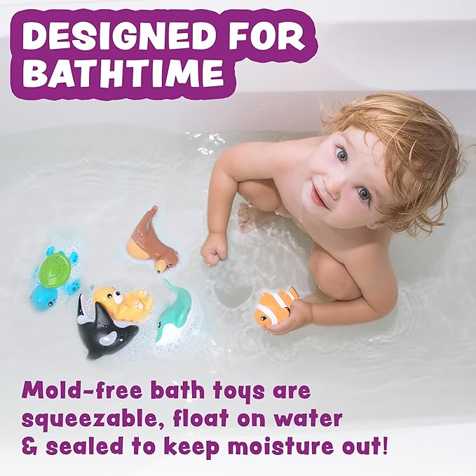 Tub Works® Marine™ Mold Free Bath Toys, 6 Pack | Sealed, No Hole Bath Toys Design Keeps Moisture Out | Soft, Squeezable & Float on Water | Easy-Grip Baby & Toddler Bath Toy Set | Great Baby Pool Toys