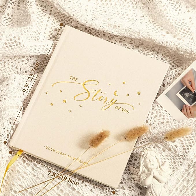 Lanpn Baby Memory Book - Linen Baby Book Memories Keepsake - The Story of You - Newborn Baby First 5 Year Journal Scrapbook Photo Book Milestone Album for Boy Girl New Parents (Beige, 154 Pages)