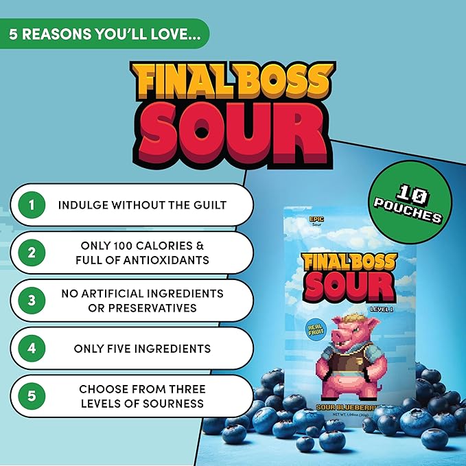 Final Boss Sour Candy, Sour Blueberries, 10 Pack, Level 1, Fruit Chews with Real Dried Fruit, No Artificial Colors or Flavors, Low Calorie Snack for Kids, Teens, Adults, Lunch Boxes & On The Go