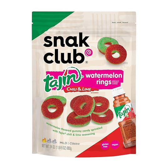 Snak Club Tajin Watermelon Rings Gummy Candy, Fruit Candy Gummies with Chili and Lime Seasoning, Mild, Gluten-Free and Vegan Snacks, 24 oz Resealable Bag