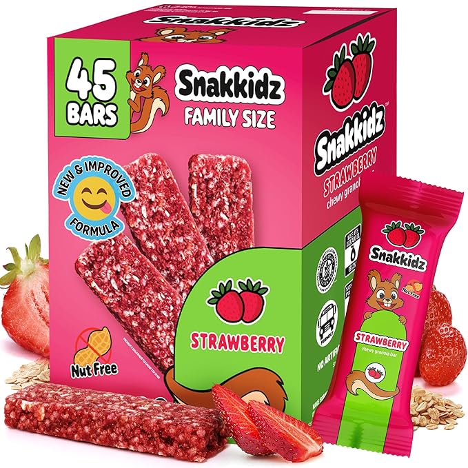 Snakkidz Organic Chewy Granola Bar, Allergen Free, Made with Avocado Oil, Low Sugar (45 Bars, Strawberry)