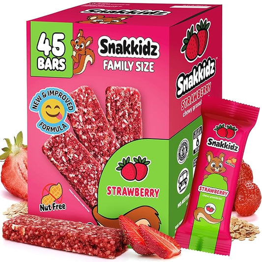 Snakkidz Organic Chewy Granola Bar, Allergen Free, Made with Avocado Oil, Low Sugar (45 Bars, Strawberry)