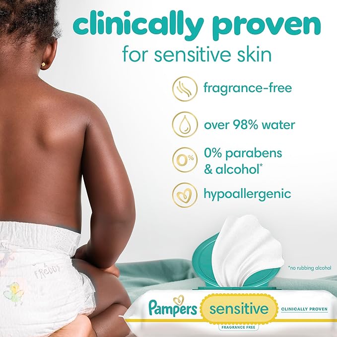 Pampers Baby Wipes Sensitive, Water Based Hypoallergenic and Unscented 504 Total (6 Flip-Top Packs)