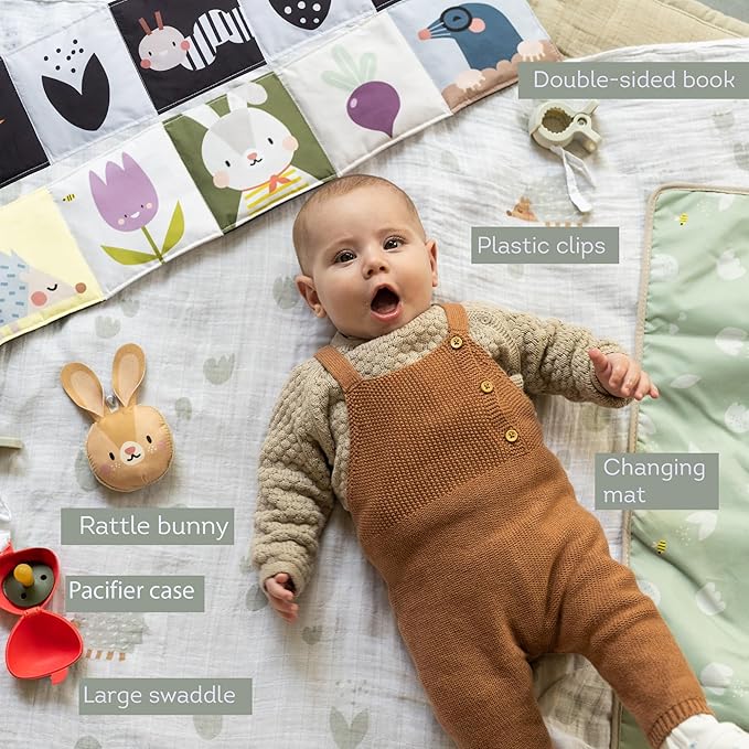 Outdoor Developmental kit, 7 Products Bamboo Swaddle, Baby Soft Book, Pacifier case, Changing mat, Carry Bag, rattling Toy Best for Newborns & up Development Montessori Infant Toys 0-6 Months Babies