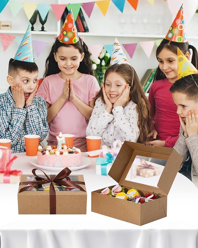 COTOPHER 30Pcs Cookie Boxes with Ribbons, 9x6x3 Inch Bakery Boxes with Window, Brown Treat Containers for Pastries, Chocolate Covered Strawberries, Dessert, Easter Candy, Muffins, Donuts