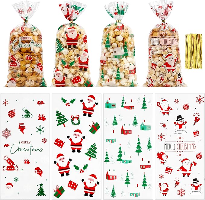 100 PCS Christmas Cellophane Treat Bags(5.1x10.6 Inch) with Ties Plastic Santa Goodie Candy Cookie Loot Gifts Bags Bulk Pouches for Christmas Party Favors Supplies Decorations Holiday Xmas Decor