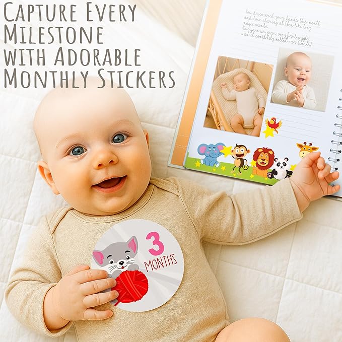 Baby Memory Book for Boy or Girl | First 5 Years Keepsake Journal Baby Book to Record Milestones and Photos | Gender Neutral Scrapbook for Newborn Babies with 12 Monthly Stickers