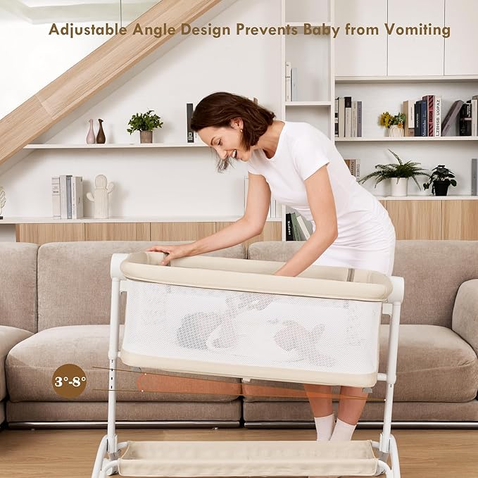 Bassinet Bedside Sleeper - All-Mesh Design, Portable Bedside Bassinet for Baby with Washable Mattress, 5 Adjustable Heights（Beige）