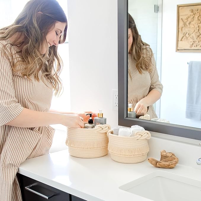 NaturalCozy 3-Piece Boho Decor Storage Basket Set – Cotton Rope Woven Baskets for Organizing! Small Baby Stuff, Shower, Gift Basket, Nursery Planter, Toy Shelves