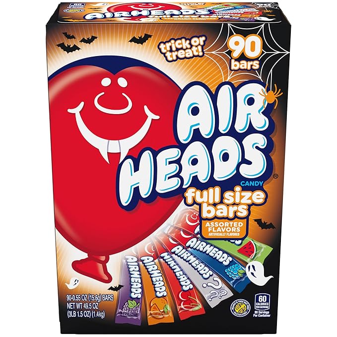 Airheads Sour Full-Sized Halloween Trick or Treat Taffy Candy Bars, Variety Mega Box, Assorted Flavors, Individually Wrapped Candy for Adults & Kids, Party Favors & Treat Bags, 90 Count