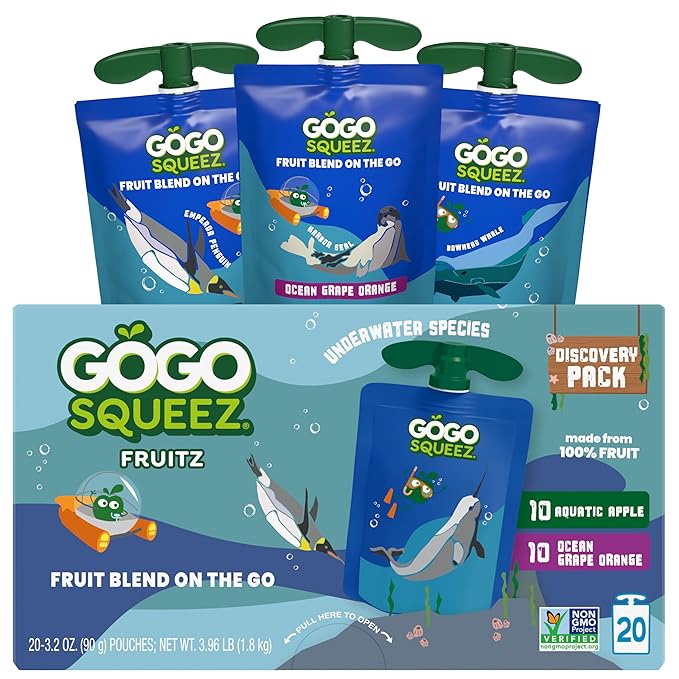 GoGo squeeZ Applesauce and Fruit Puree Underwater Species Discovery Pack, Aquatic Apple and Ocean Grape, 3.2 oz Pouches (Pack of 20), Unsweetened Snacks for Kids, BPA Free Pouches