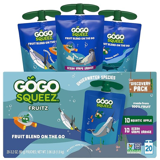 GoGo squeeZ Applesauce and Fruit Puree Underwater Species Discovery Pack, Aquatic Apple and Ocean Grape, 3.2 oz Pouches (Pack of 20), Unsweetened Snacks for Kids, BPA Free Pouches