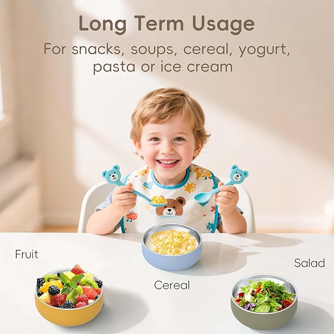 Bella's Friends Stainless Steel Baby Bowls with Silicone Sleeve 3 Pack, 4.3” for Toddlers Kids Feeding, Non-Slip, Non-Toxic, Mess-Free, Dishwasher Safe, Fit High Chair Size, Rose green Khaki