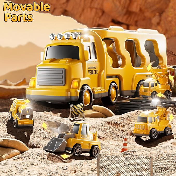 Construction Truck Toys Set for Kids Aged 1 2 3 4 5 6 7 8, Truck Playset with Toy Cars, Light and Sound, Movable Parts Construction Toys for Toddlers, Birthday Gifts for Boys Girls 2-4 4-7