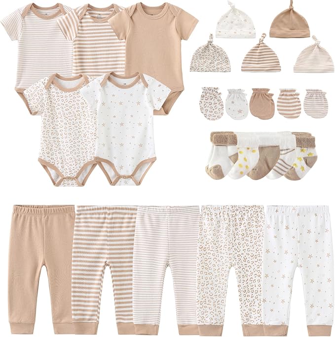 Newborn Layette Gift Set Bodysuits Pants for Baby Girl and Boy 24 Piece 100% Cotton Essentials and Accessories