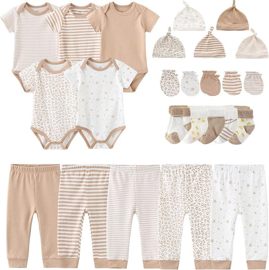 Newborn Layette Gift Set Bodysuits Pants for Baby Girl and Boy 24 Piece 100% Cotton Essentials and Accessories