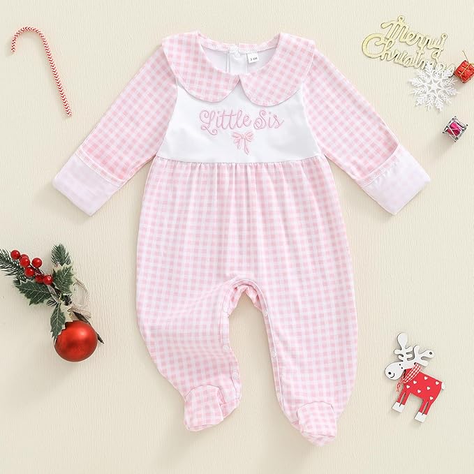 Newborn Baby Girl Footed Romper Onesie Little Sister Embroidery Fall Clothes Coming Home Outfit Vintage Jumpsuit