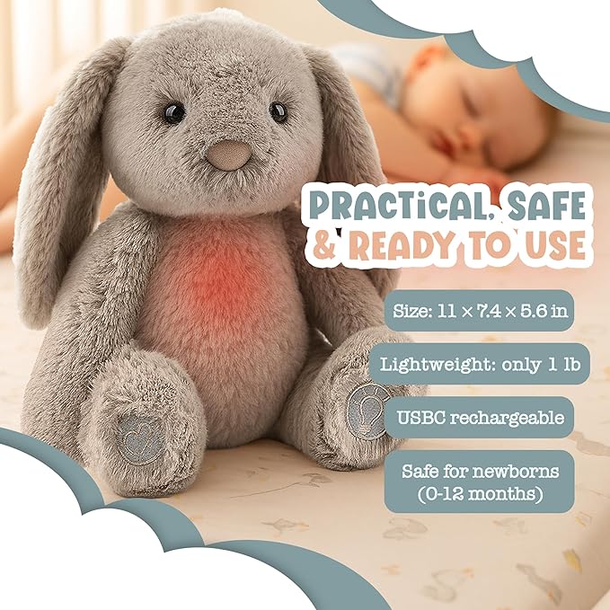 Gemma Joy Baby Sleep Soother Bunny for Baby – Cry Activated Heartbeat Stuffed Animal – Rechargeable Crib Soother with White Noise, Shush, Lullabies & Night Light – Newborn Essentials Must Haves