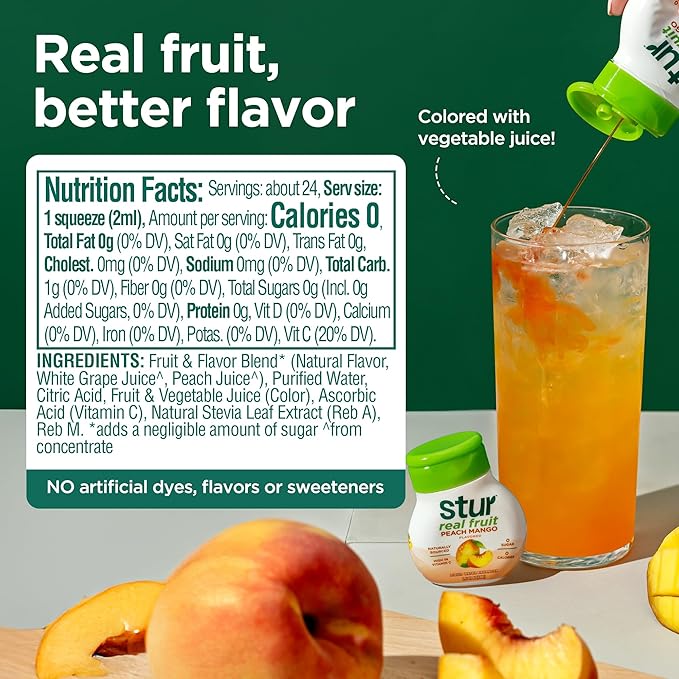 Stur Liquid Water Enhancer | Peach Mango | Sweetened with Stevia | High in Vitamin C & Antioxidants | Sugar Free | Zero Calories | Keto | Vegan | 5 Bottles, Makes 120 Drinks